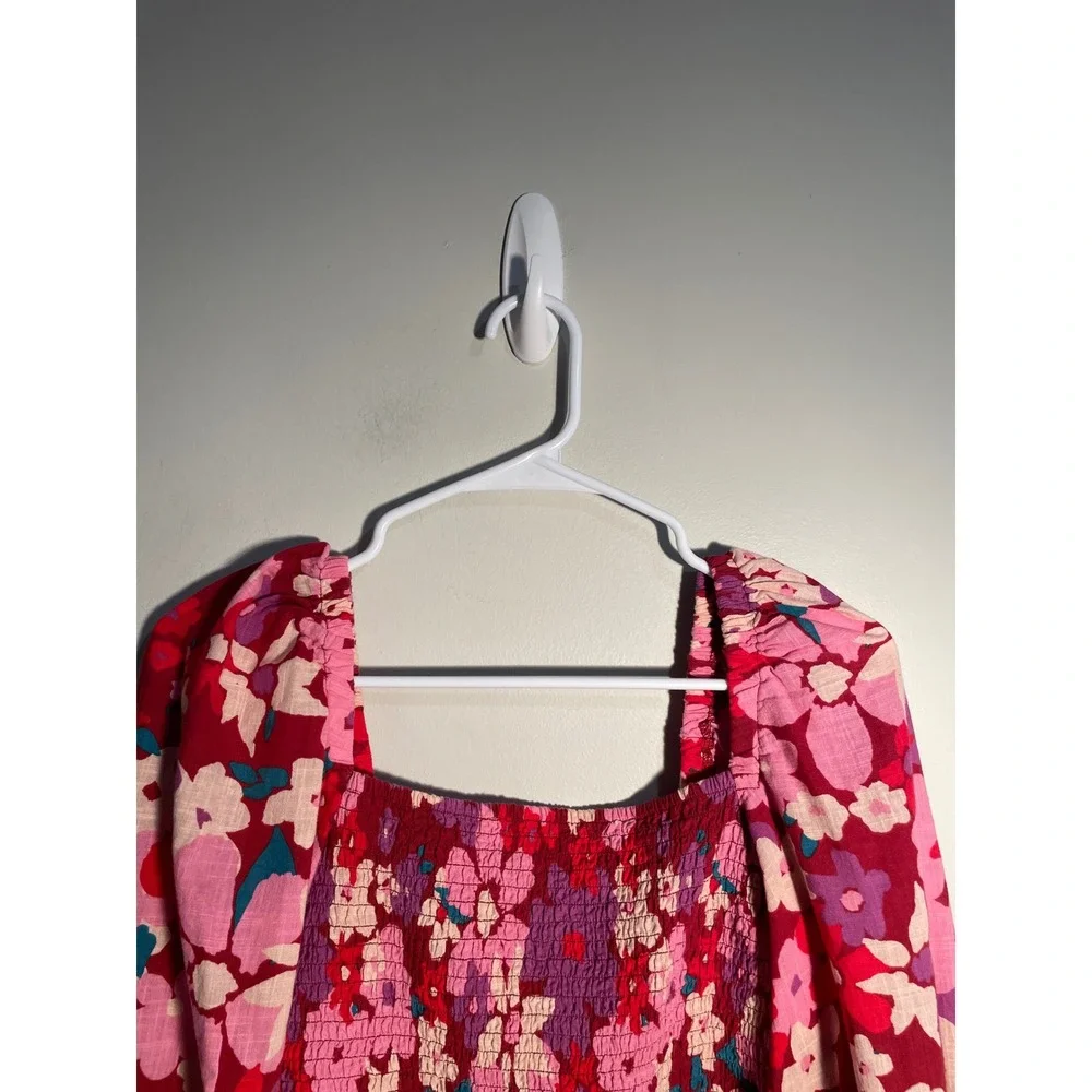 Free People Ariana‎ Printed Top Pink Size XS Feminine Floral Puff Sleeve Smocked